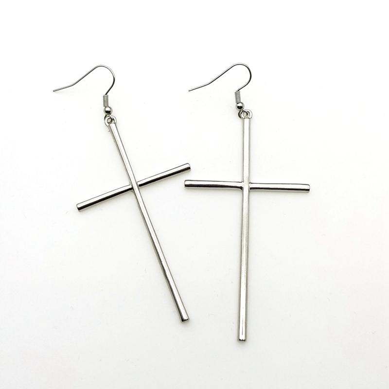 Vintage Goth Gothic Black Silver Colour Big Cross Dangle Drop Earrings Goth Egirl Accessories Jewelry
