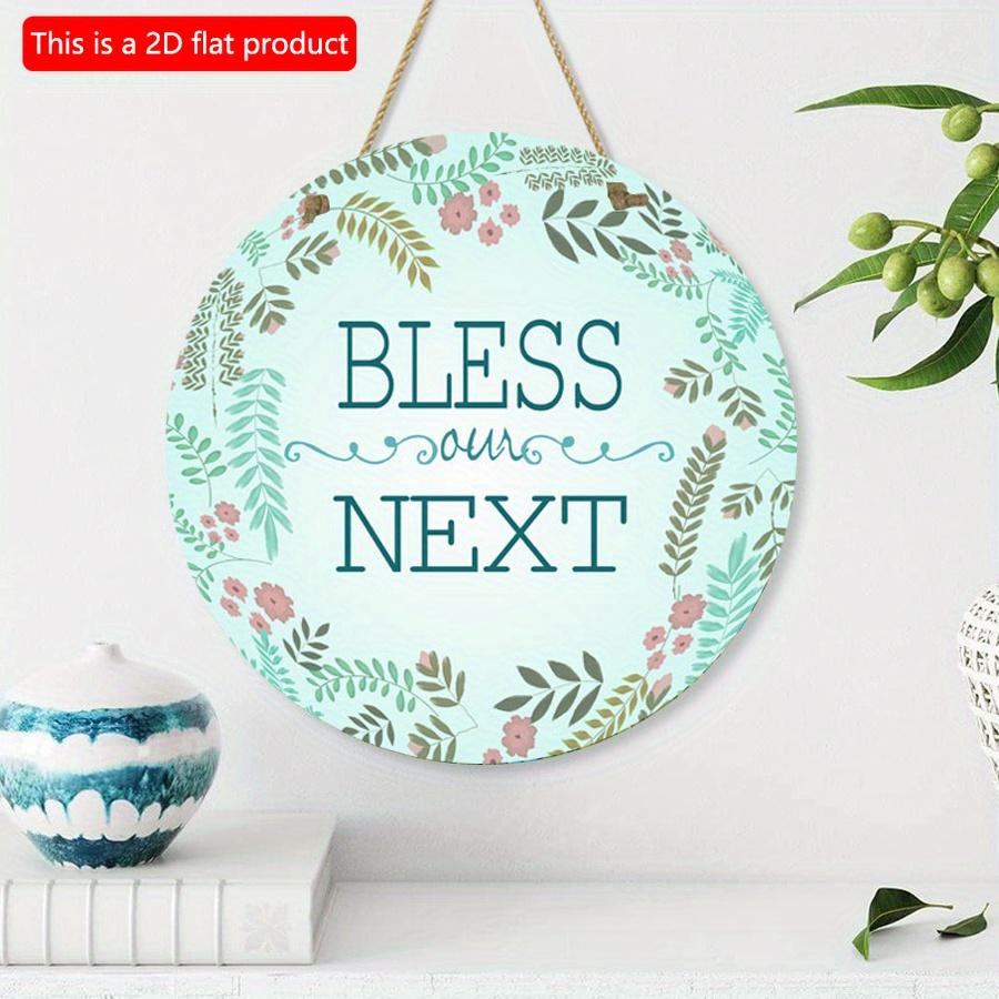 2D Flat 20*20cm1pc Bless Next Fresh Floral Wreath Round Wooden Door Signs for Home, Turquoise Color Garland Theme Home Spring&Summer Decorative Wall