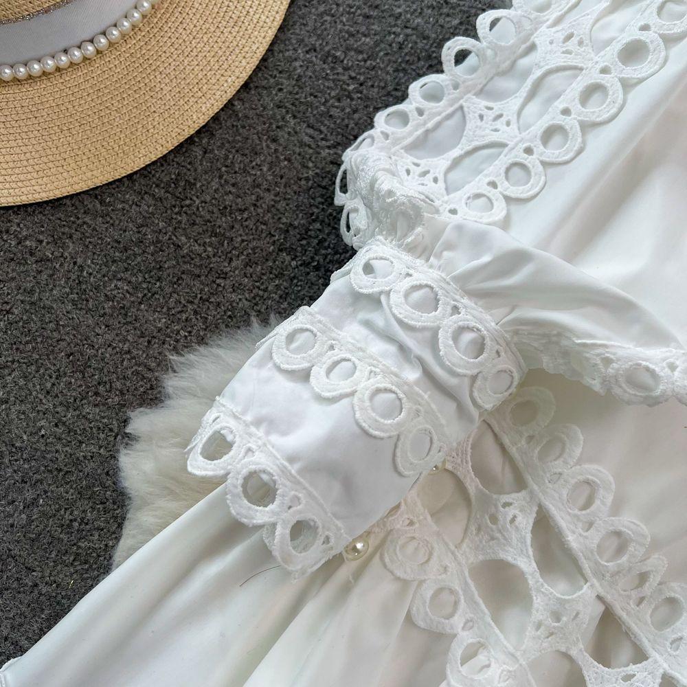 Осеннее праздничное платье с вырезом и вышивкой, женское платье с длинным рукавом-фонариком и круглым вырезом, с кружевной отделкой, однотонное вечернее платье миди, Vestidos