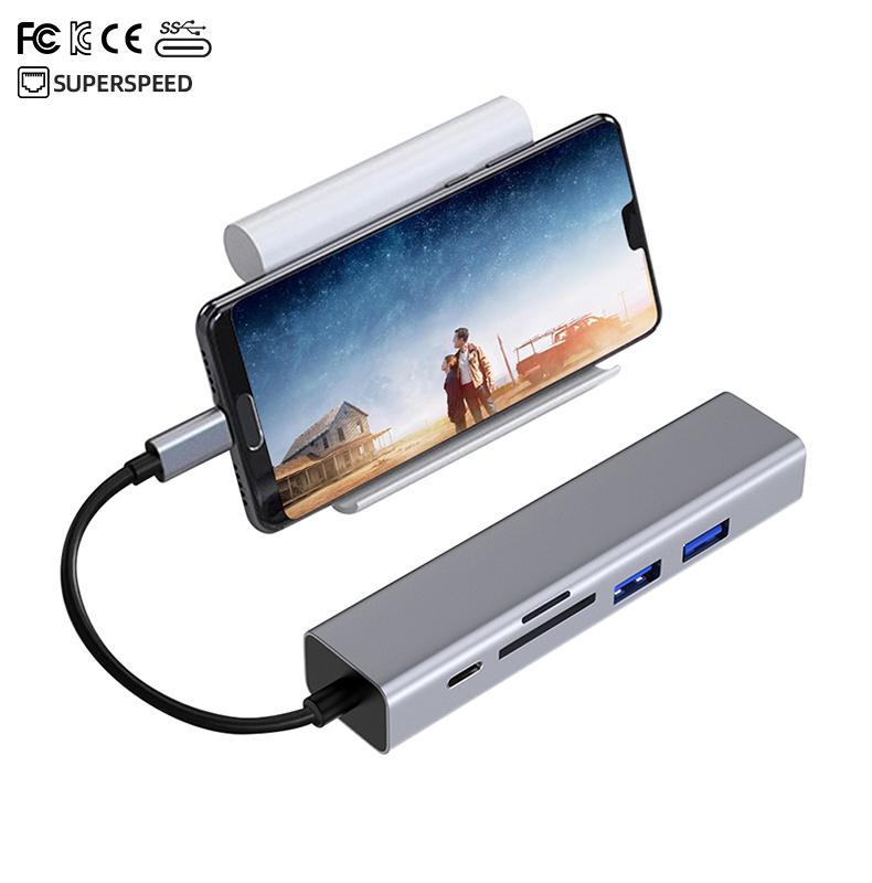 USB hdmi Hub 6 in 1 Usb 3.0 to RJ45 1000Mbps PD Fast Charge SD/TF Card Reader Splitter Usb C Hub Docking Station