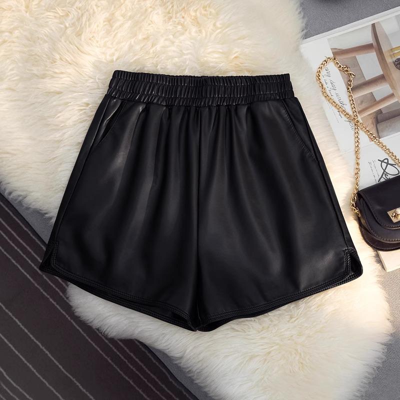 Женские шорты А-силуэта из искусственной кожи с высокой талией на осень/зиму 2023 года — облегающие, модные широкие брюки-ботфорты