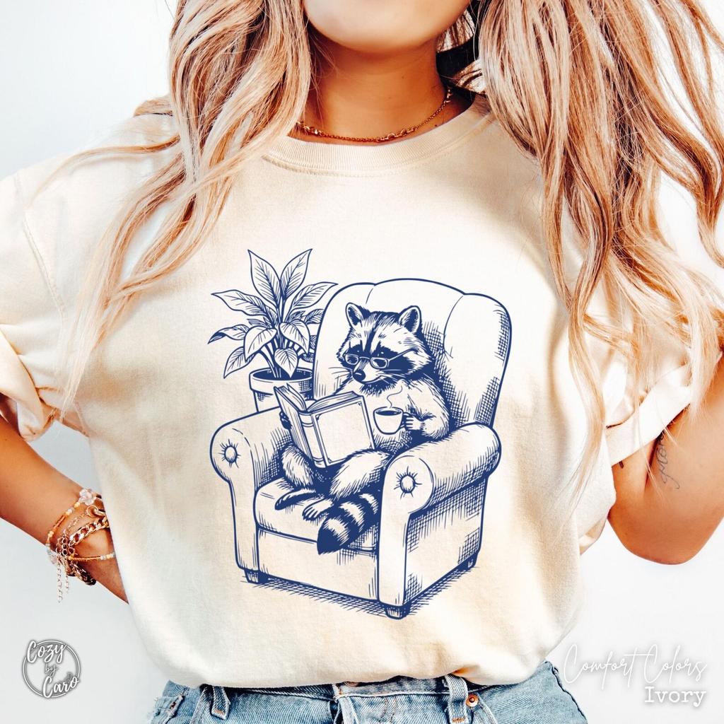 Raccoon Reading T-Shirt, Cute Book Lover Gift, Reading Week Tee, Cozy Winter Crewneck TShirt, Feral Animal Bookish Shirt, Racoon Lover Gift