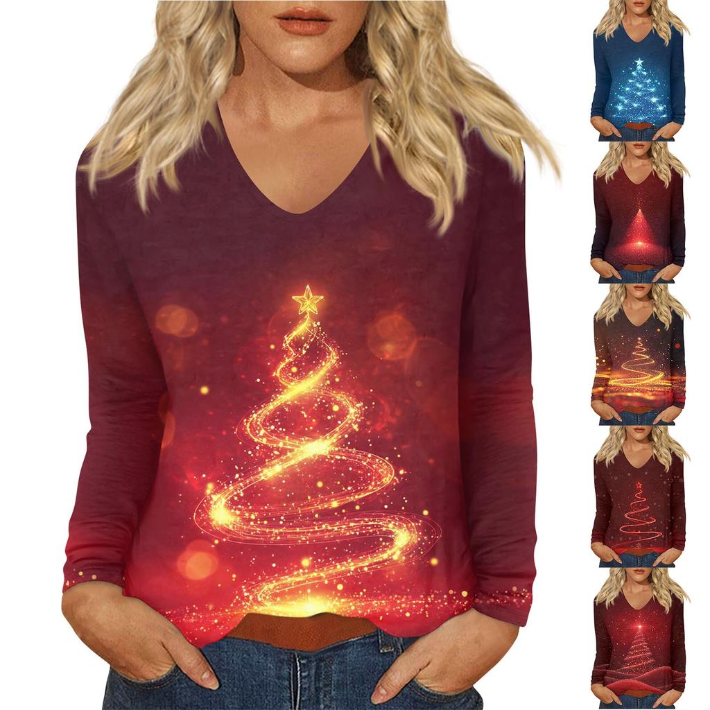 Women's Daily Casual Long Sleeve Christmas Print V-neck Top