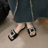 Flat Bottom High-end Sandals Outside Women's Shoes, New Summer French Fairy Rhinestone Square Buckle One-word Slippers