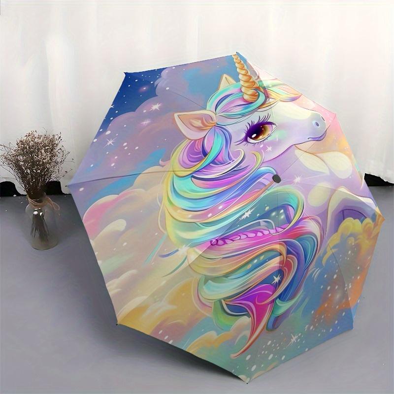 Unicorn Fantasy Automatic Folding Umbrella 8 Ribs, Durable Iron Frame, Bright Color Pattern Compact Travel Umbrella, Suitable for Outdoor,