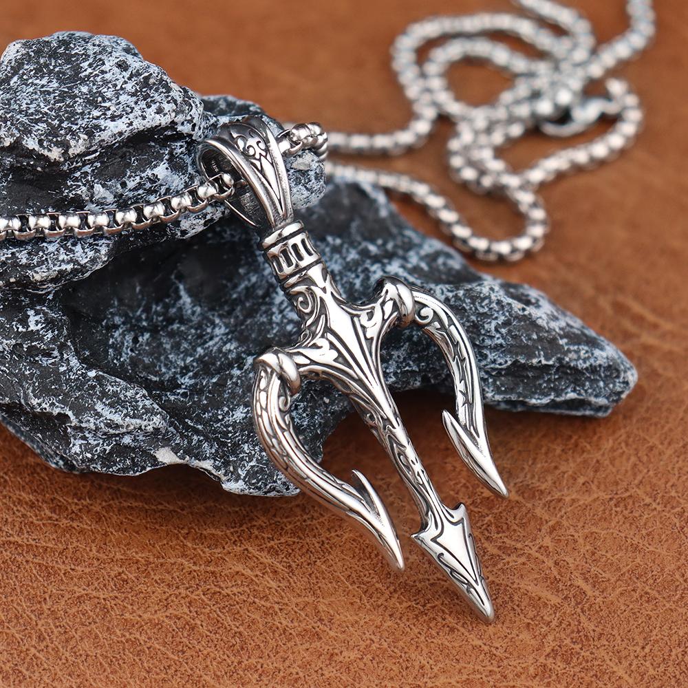 Vintage Poseidons Trident Pendant for Men Trident of Shiva Stainless Steel Warrior Spear Necklace Woman Jewelry Gifts