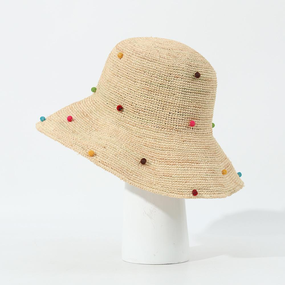 Color sewn beads raffia bucket hat big eaves sunshade straw hat show face small sun hat fashion sunscreen hat concave shape