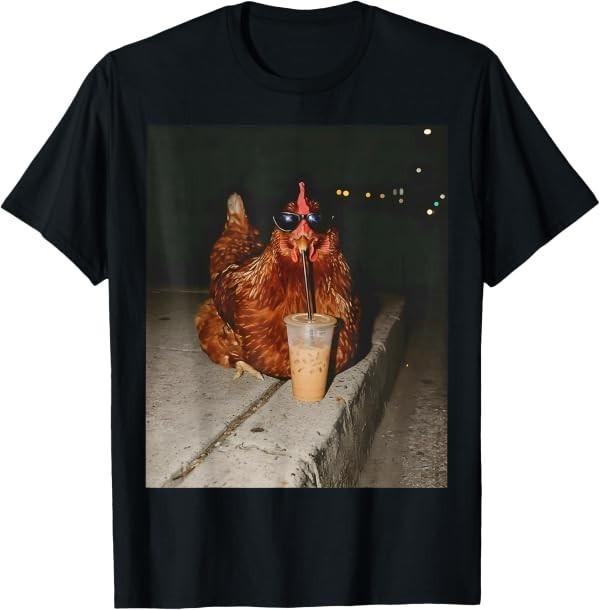 Chicken Drinking Iced Coffee Funny Chicken Lover Farmer T-Shirt