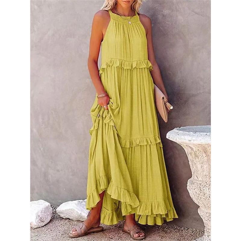 Fashion Elegant Sleeveless Ruffled Maxi Long Dress New O Neck Loose Casual Simple Summer A-line Beach Dresses Female Pleated Solid Color Clothing
