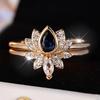 French-style, understated luxury, teardrop-shaped blue cubic zirconia crown ring set Diamond-studded double-layer stackable two-in-one ring