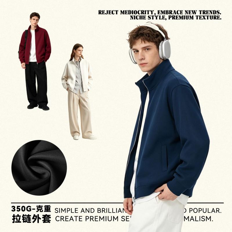 Mens 350g Cotton Blend Stand Collar Zip Up Sweatshirt Casual Fashion Top