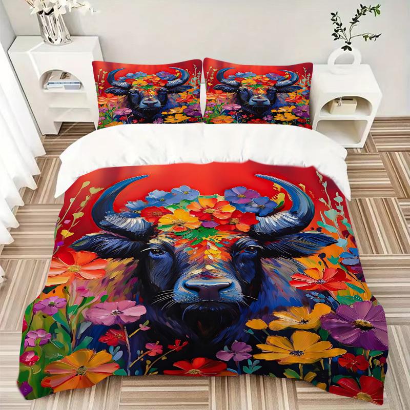 3pcs Bull Flowers Duvet Cover Set, 1 Duvet Cover + 2 Pillowcases (No Insert), High-Definition Print, Home & Dorm yy251123048
