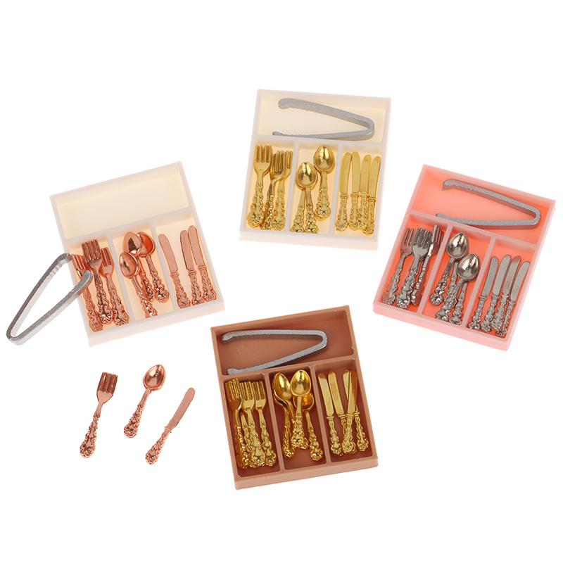 1Комплект 1:12 кукольных мини-ножей, вилок, ложек, зажимов, столовых приборов с ящиком для хранения, кукольные кухонные принадлежности, утварь, декор, аксессуары