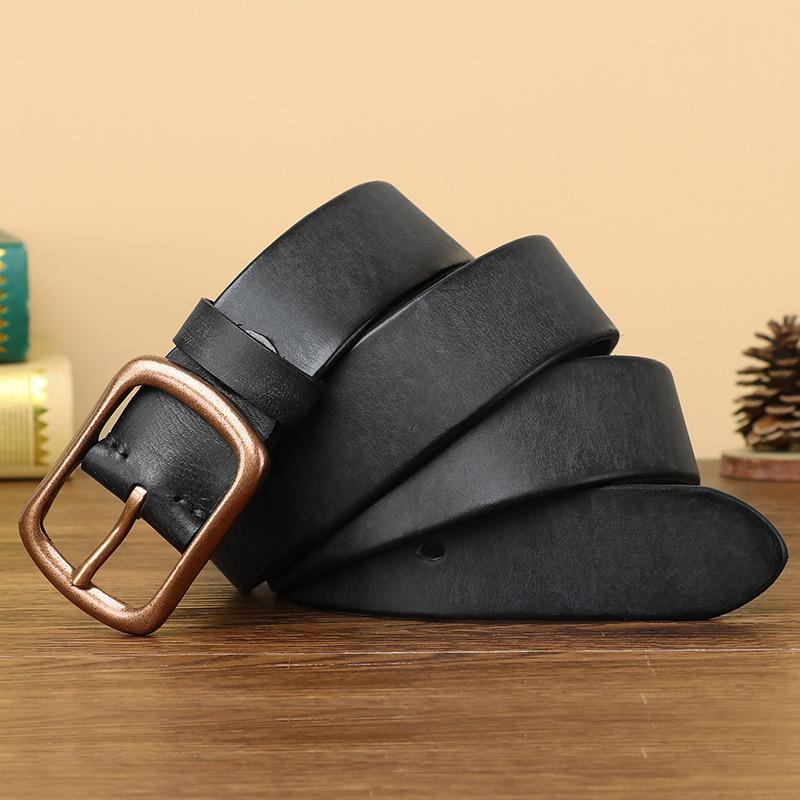 3.8Cm Wide Copper Buckle Belt Men'S Leather Pin Buckle Natal Year First Layer Cowhide Retro Casual Jeans Belt