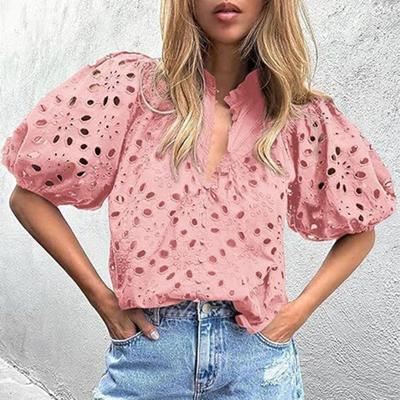 Женские топы V-образный вырез пышные короткие рукава ажурная вязаная крючком рубашка однотонная свободного кроя блузка для отдыха на открытом воздухе