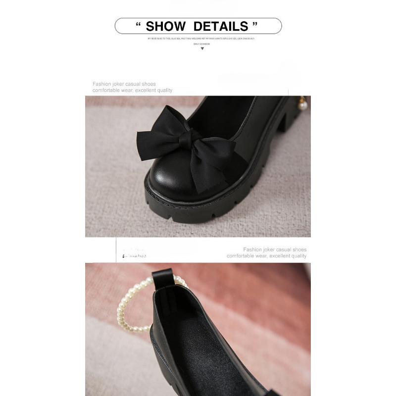 Кожаные туфли, женские туфли Мэри Джейн на толстом французском толстом каблуке с жемчужным бантом и одинарной обувью