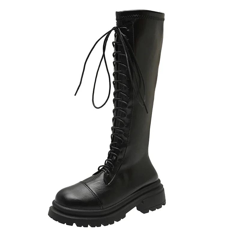 Мода 2024 года, высококачественная обувь для женщин, женские ботинки на шнуровке, осенние ботинки с круглым носком, однотонные, с высоким блочным каблуком, модные ботинки Zapatos Mujer