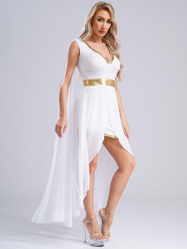 Женское платье для косплея на Хэллоуин в греческом стиле, платье принцессы-королевы, женское платье с V-образным вырезом, рукавами-накидкой, пайетками и разрезом, костюм для косплея, римское платье-тога