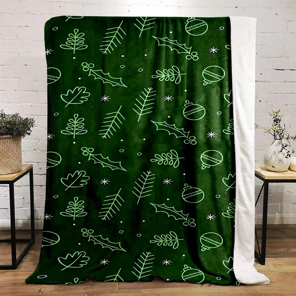 Christmas Green Leaves and Ornaments Design Patterned flannel blanket perfect for the bedroom living room, sofa, or a little nap