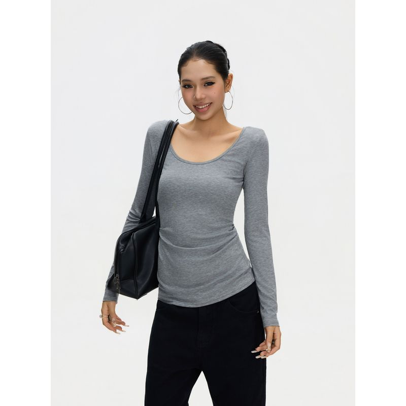 F383 American Retro Style Lace Hollow-Out Slim-Fit Long-Sleeve T-Shirt for Women, Waist-Cinching and Slimming Inner Layer Top