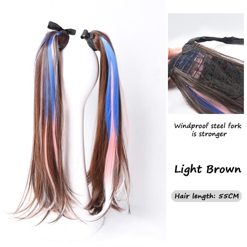 Длинные прямые волосы, завернутые в хвостик, термостойкий синтетический двойной хвостик, глянцевый парик