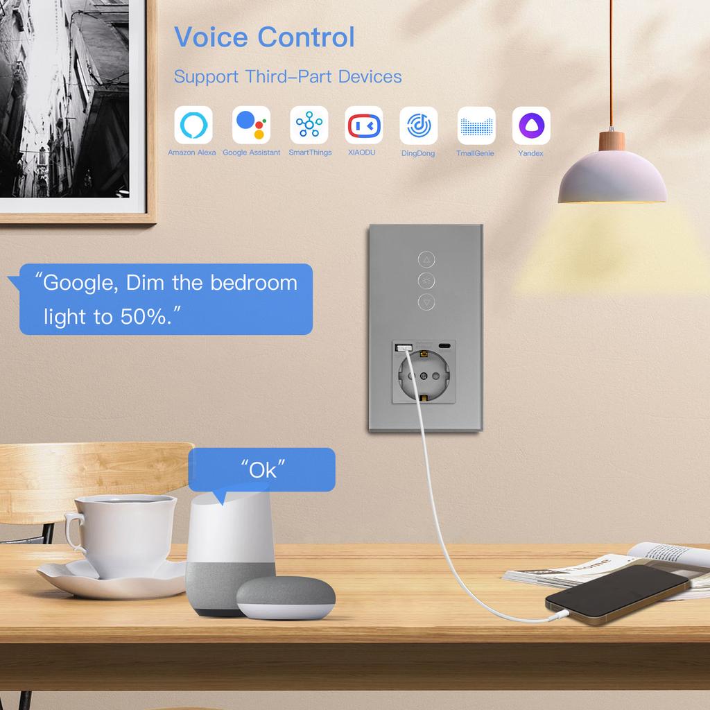BSEED WiFi Диммерный выключатель 1 клавиша 1 направление Умные сенсорные выключатели Светодиодные лампы Плюс Обычная EU розетка с USB Type-C Tuya Smart Life App