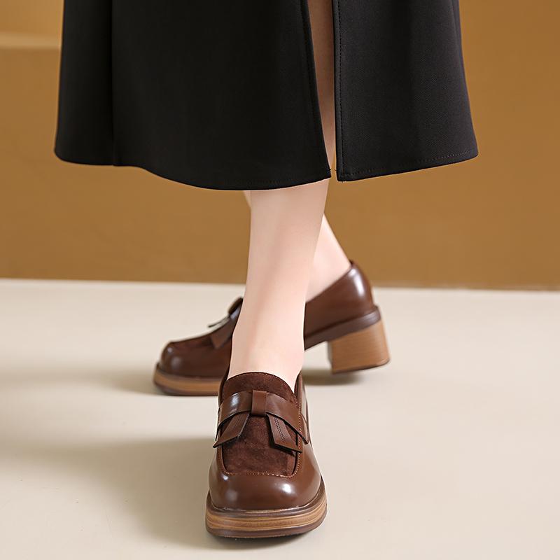 Модные женские осенние туфли на высоком каблуке с бархатными кожаными вставками на каблуках, коричневые туфли-лоферы в стиле ретро с квадратным носком и блочным каблуком, кожаные туфли в стиле Лолиты