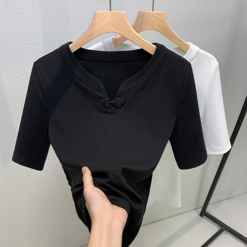 Футболка в китайском стиле с рукавами пятью точками для женщин, новая женская хлопковая футболка с короткими рукавами и складками спереди на плечах, темпераментный топ с V-образным вырезом и поясом