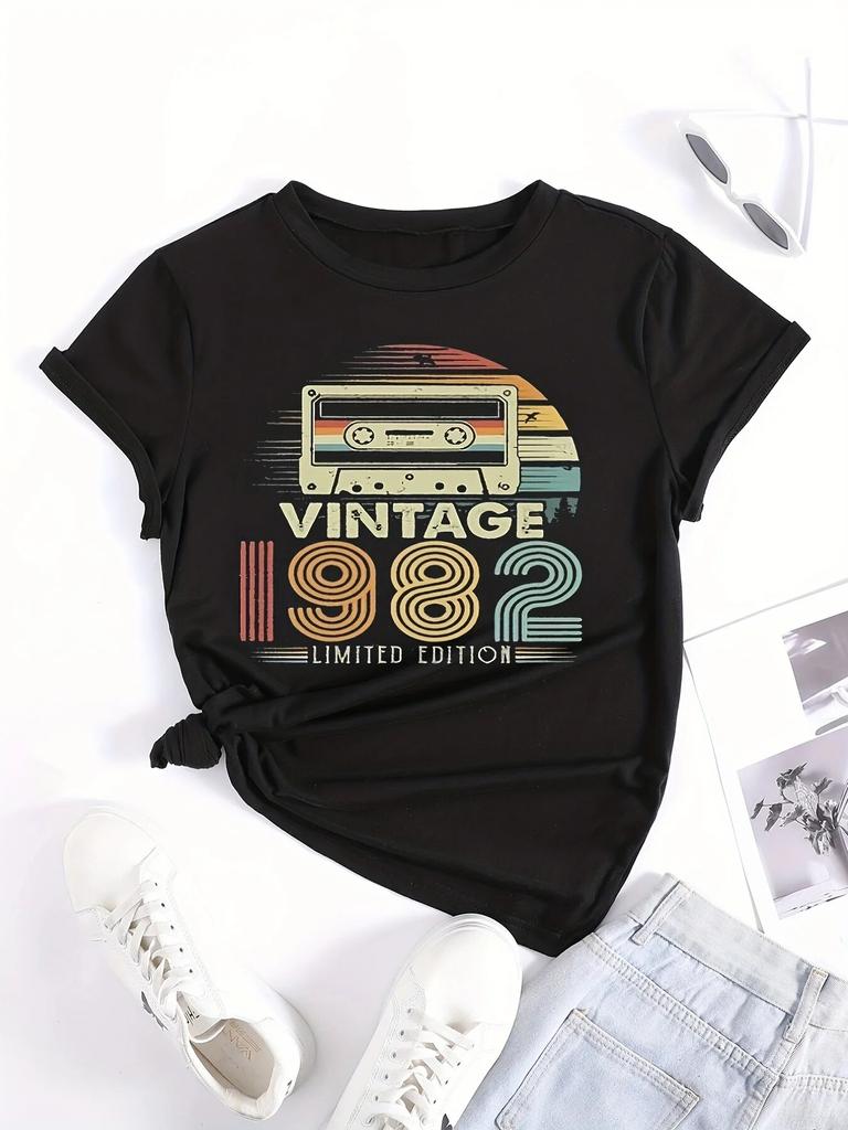 Vintage 1982 Letter Print Unisex T-shirt Casual Crew Neck Short Sleeve T-shirt WoUnisex Clothing Female TopsTees
