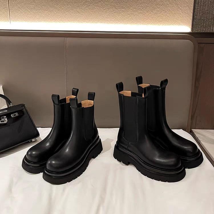 Blue Cabinet~ Inner Height Increasing Martin Boots Women's British Wind Medium Tube Thick-soled Smoke Boots Chelsea Boots Autumn Short Boots
