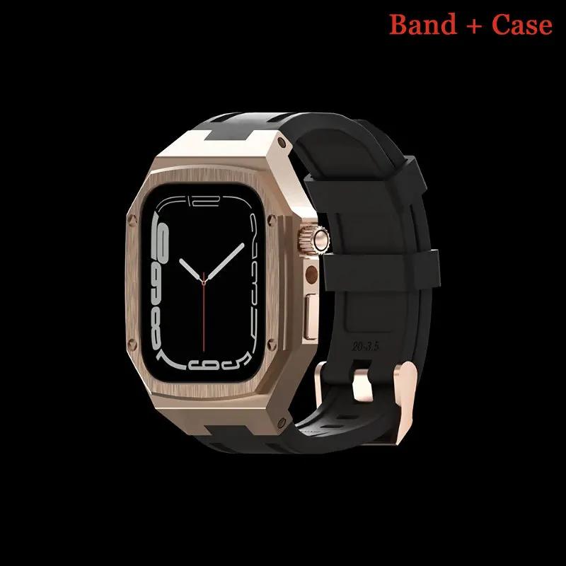 Роскошный комплект для модификации для Apple Watch 8 7 44 мм 45 мм 40 мм 41 мм Корпус из нержавеющей стали Резиновый спортивный ремешок для IWatch Series 6 5 4
