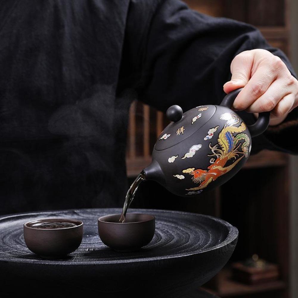 Hand-made Changes Color Purple Clay Teapot Dragons Phoenixs Pattern Tea Infuser  Living Room