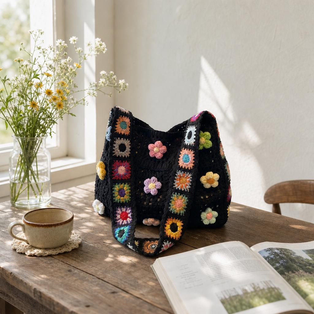 Sunflower Yarn DIY Kit: Large Capacity Knitted Shoulder Bag for Women, Fresh Seaside Vacation Style 2026