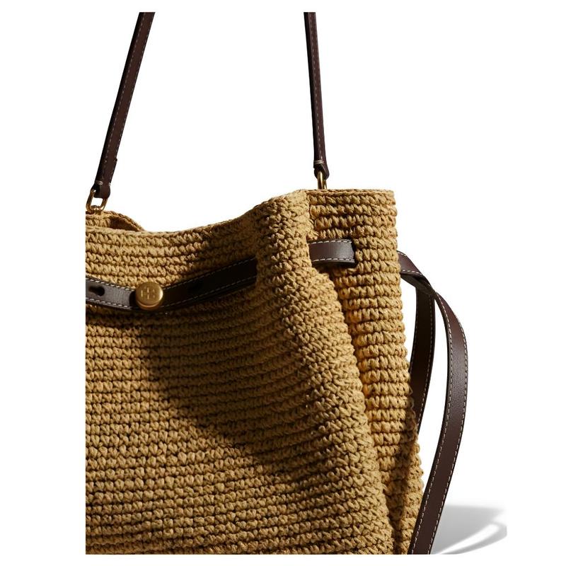 TORY BURCH Romy BUCKET All-over braided design raffia tree and leather shoulder bag large size women's beige 183250-254