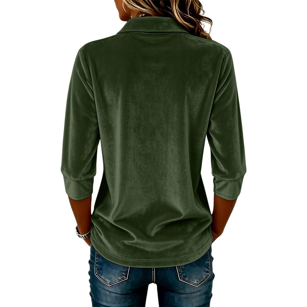Women's Casual Button Down Three-Quarter Sleeve Color Blouse with Lapel Collar