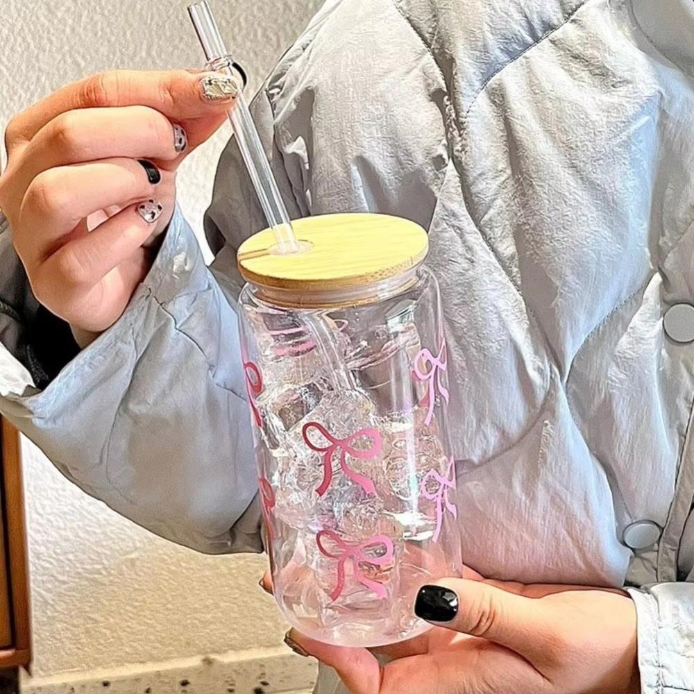 Large Capacity Bow Cup Transparent Drinking Cup Ins Clear Straw Cup Tea