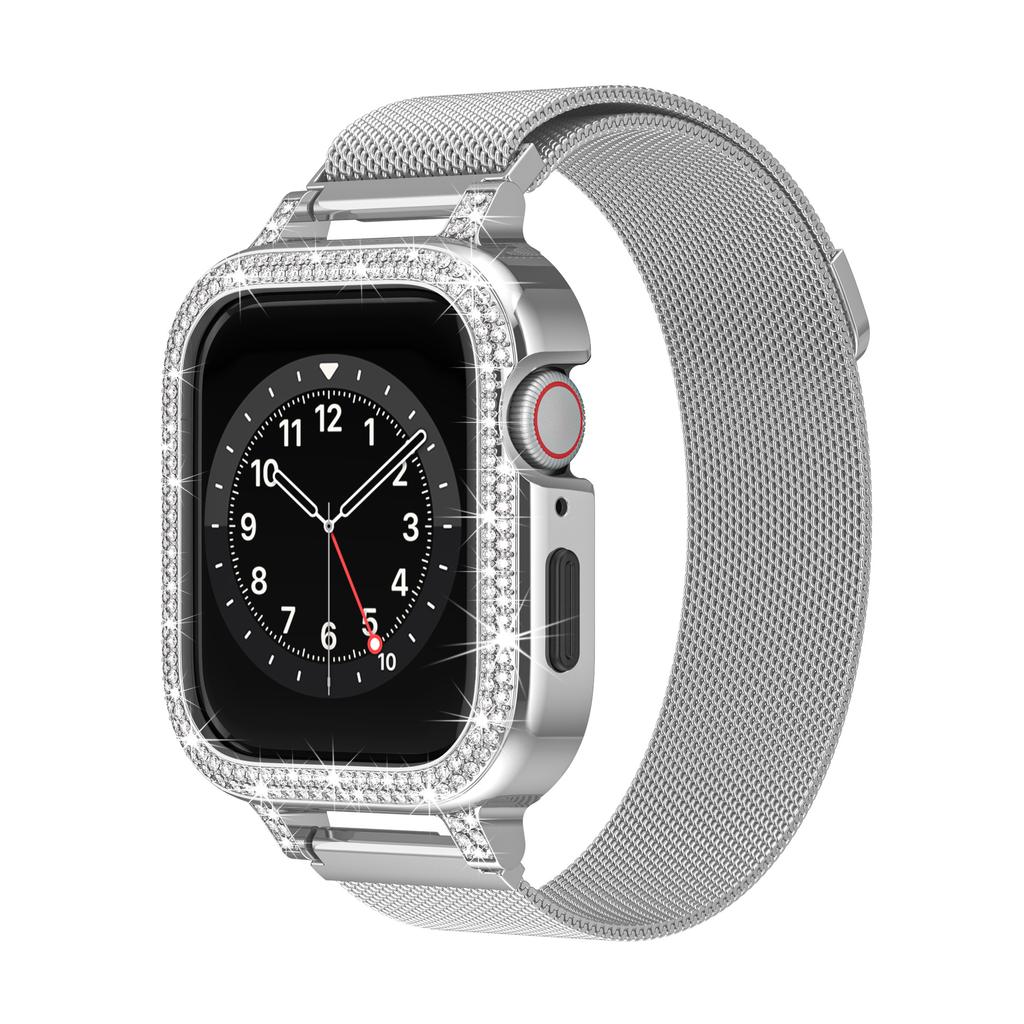 Роскошный металлический ремешок + чехол для Apple Watch Series 9 8 7 6 5 SE 4 38/40/41/42/44/45 мм браслет с бриллиантами и жемчугом для iWatch UItra 2
