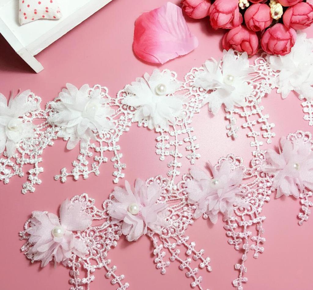 Полиэстер Легкий Водорастворимый Штрих-код Шифон Жженый Цветок Бусины Цветок, Кружево с Бахромой из Кукурузных Рылец, Детская Одежда Женские Украшения DIY