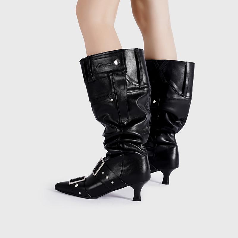 Остроносая металлическая пряжка высокие сапоги на каблуке ретро маленьком каблуке модные сапоги Spice girl длинные сапоги женские
