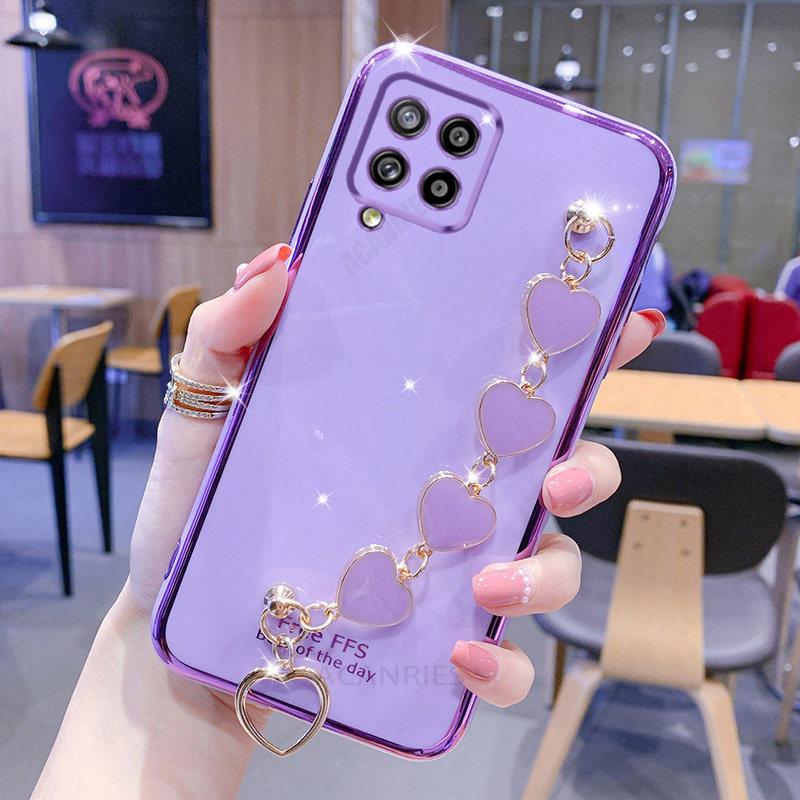 Роскошный чехол с цепочкой на запястье Love Heart для Samsung Galaxy A12 A22 4g A42 A51 A71 A31, браслет A 12 51 71, силиконовый чехол