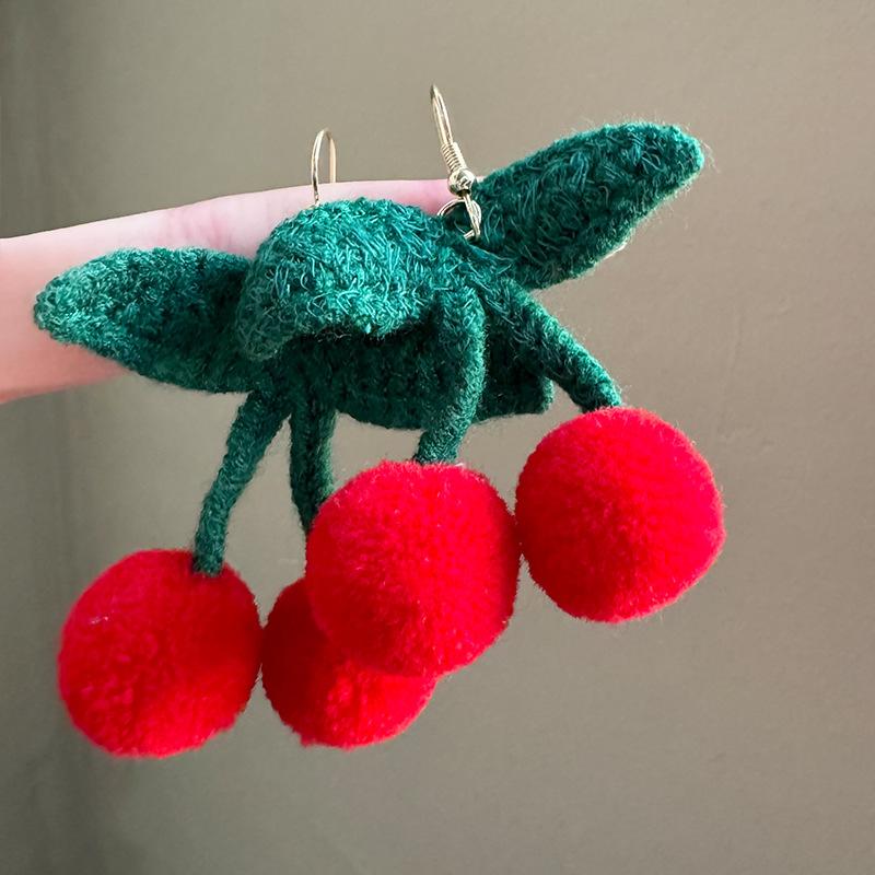 Ins Style Sweet Red Plush Cherry Fruit Earrings Cute Playful Super Fairy Versatile Atmospheric Women Pierced Jewelry