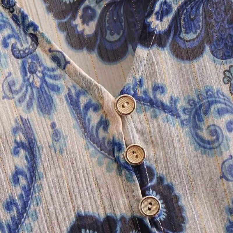 Kaslead New Women Clothes Western Style Simple Loose Metal Color Line Print Dress