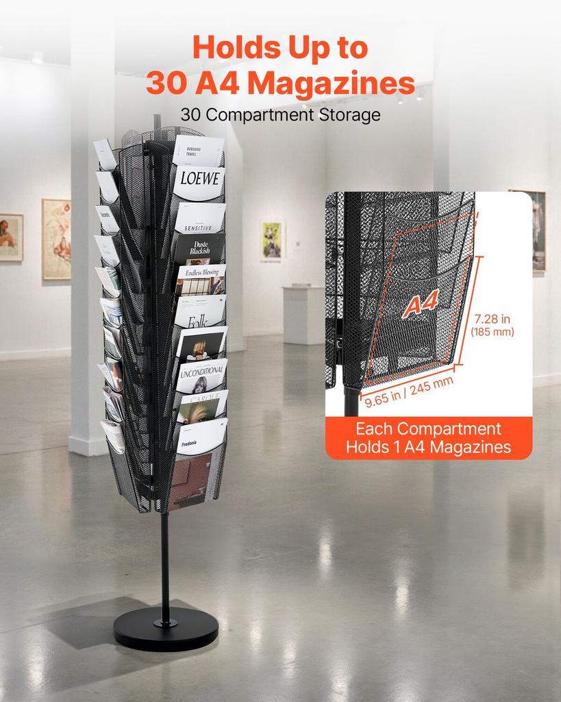 Rotating Brochure Display Rack, 30 Pockets Mesh Magazine Literature Display Stand, Portable Floor Standing Magazine Rack, Metal Newspaper Catalog