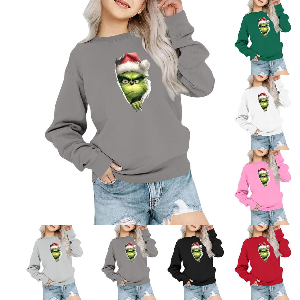 Kids' Fashion Loose-Fit Casual Long-Sleeve Christmas Print Oversized Crewneck Sweatshirt