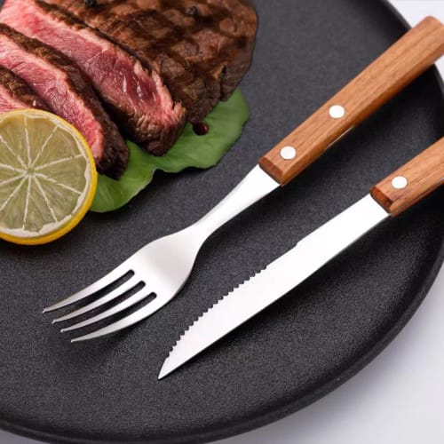 KXLCGYK Steak Knife and Fork Set, Wooden Handle, 18-8 Stainless Steel, 4-Piece Set, Stylish Cutlery