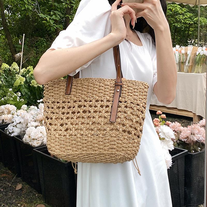 Соломенная сумка-ведро большой емкости для женщин, летняя тканая пляжная сумка-тоут с верхней ручкой, сумка-шоппер