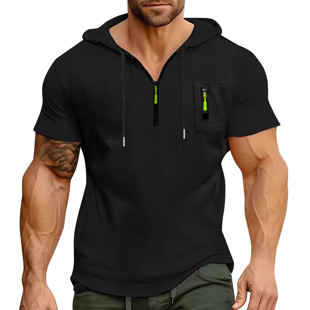 Men's Summer Shirt Zipper Pocket Short Sleeve Hooded Sweatshirt Men's Sports Large Size Casual Sweatshirt