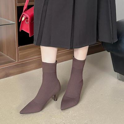 Летающие плетеные модные сапоги на высоком каблуке для женщин, Европа, Америка 2025 весна и осень новые тонкие каблуки острый носок эластичные тонкие носки-сапоги f
