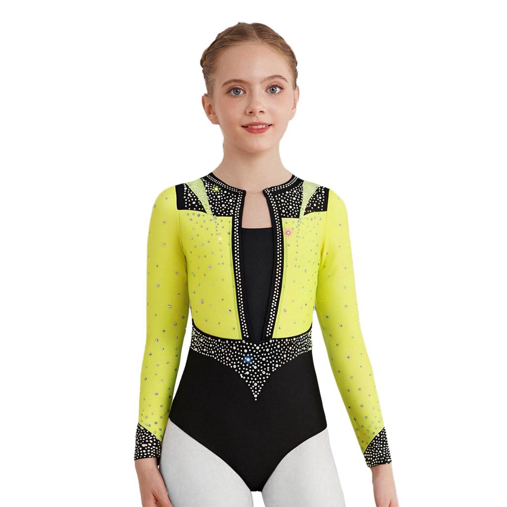 Сценический костюм для девочек - Леотард со стразами, длинный рукав, вырез-капелька сзади, для фигурного катания и гимнастики