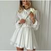 White Elegant Ruffled Mini Dress for Women Patchwork High Waist Long Sleeve See-Through Party Dress